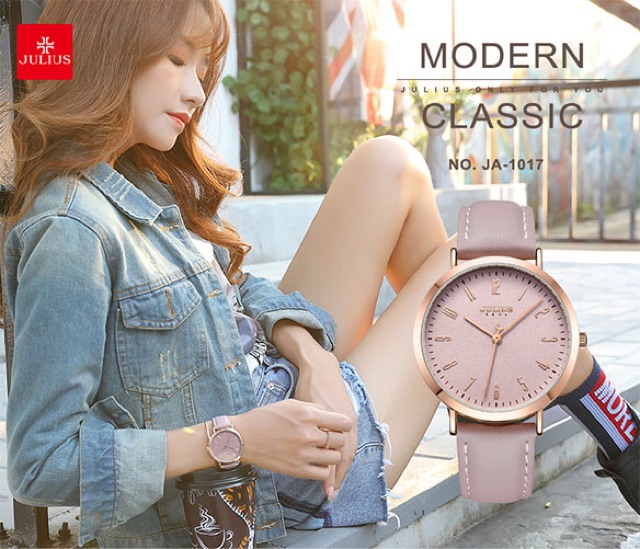 Đồng hồ Julius Nữ Julius JA-1017D dây da (Hồng)