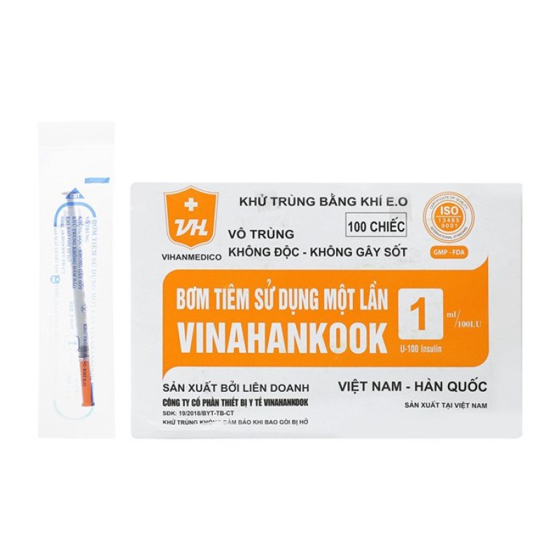 Bơm Tiêm Vinahankook Tiểu Đường Insulin 1ml đầu kim 30G x 1/2 Hộp 100 cây nhập khẩu