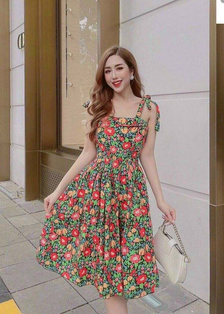 [Mẫu Mới]Đầm Nữ Kiểu Dáng Xòe Thiết Kế Dạng Hoa Chất Liệu Lụa Cao Cấp Thời Trang HARI