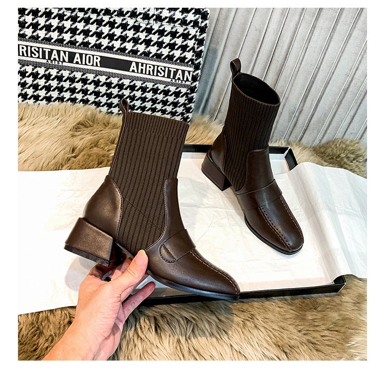 Giày bốt/ boot nữ mũi da cổ cao len chun siêu đẹp guốc 5cm
