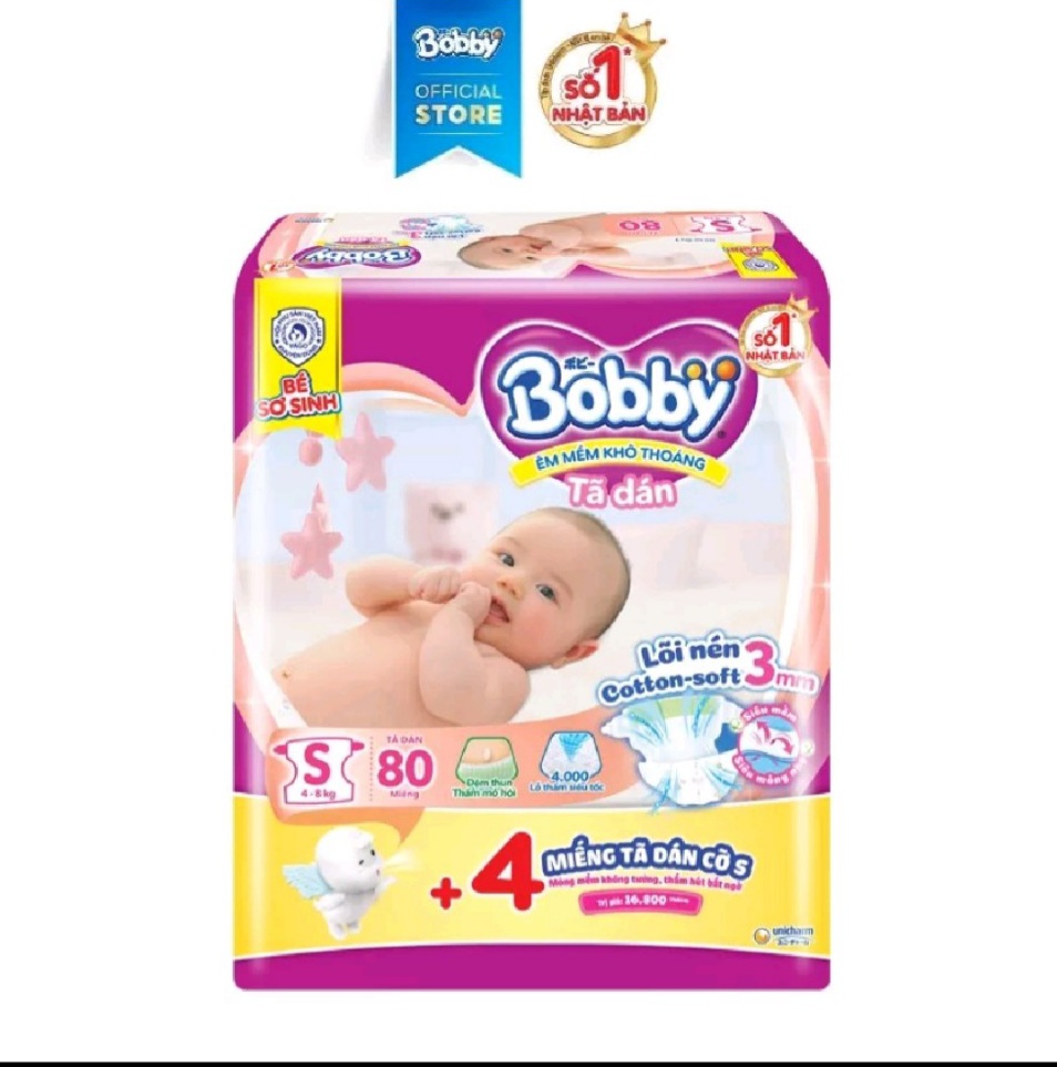 Tã dán Bobby lõi nén cotton-soft 3mm S 54 miếng, S80 miếng (4-8kg)