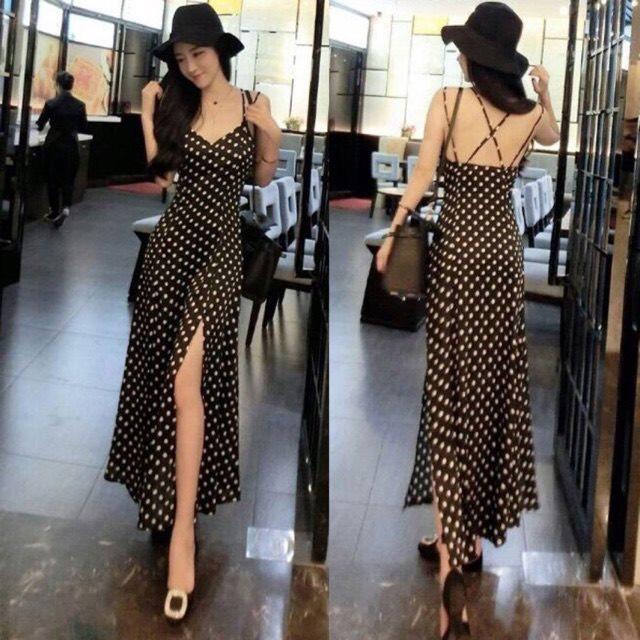[HCM]Đầm maxi lụa bi 2 dây xẻ đùi xinh xắn