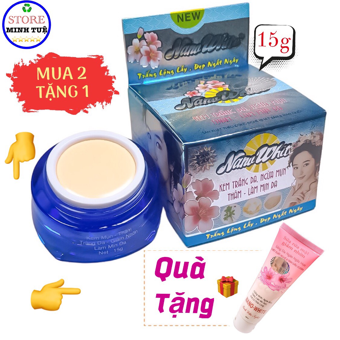 [HCM]Kem mụn Nano White giảm thâm, trắng da, giảm nhờn, làm mịn da, giúp da trắng hồng như ý được chiết xuất từ ngọc trai và sâm trắng (15g), mua 2 hộp kem tặng kèm 1 chai sữa rửa mặt Nano White (80ml)