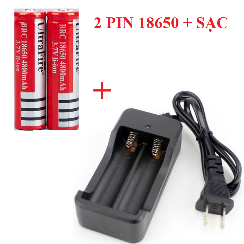 Bộ sạc kèm 2 pin 18650 dung lượng 4800mah có dây cắm dài 80cm dùng nguồn 220v