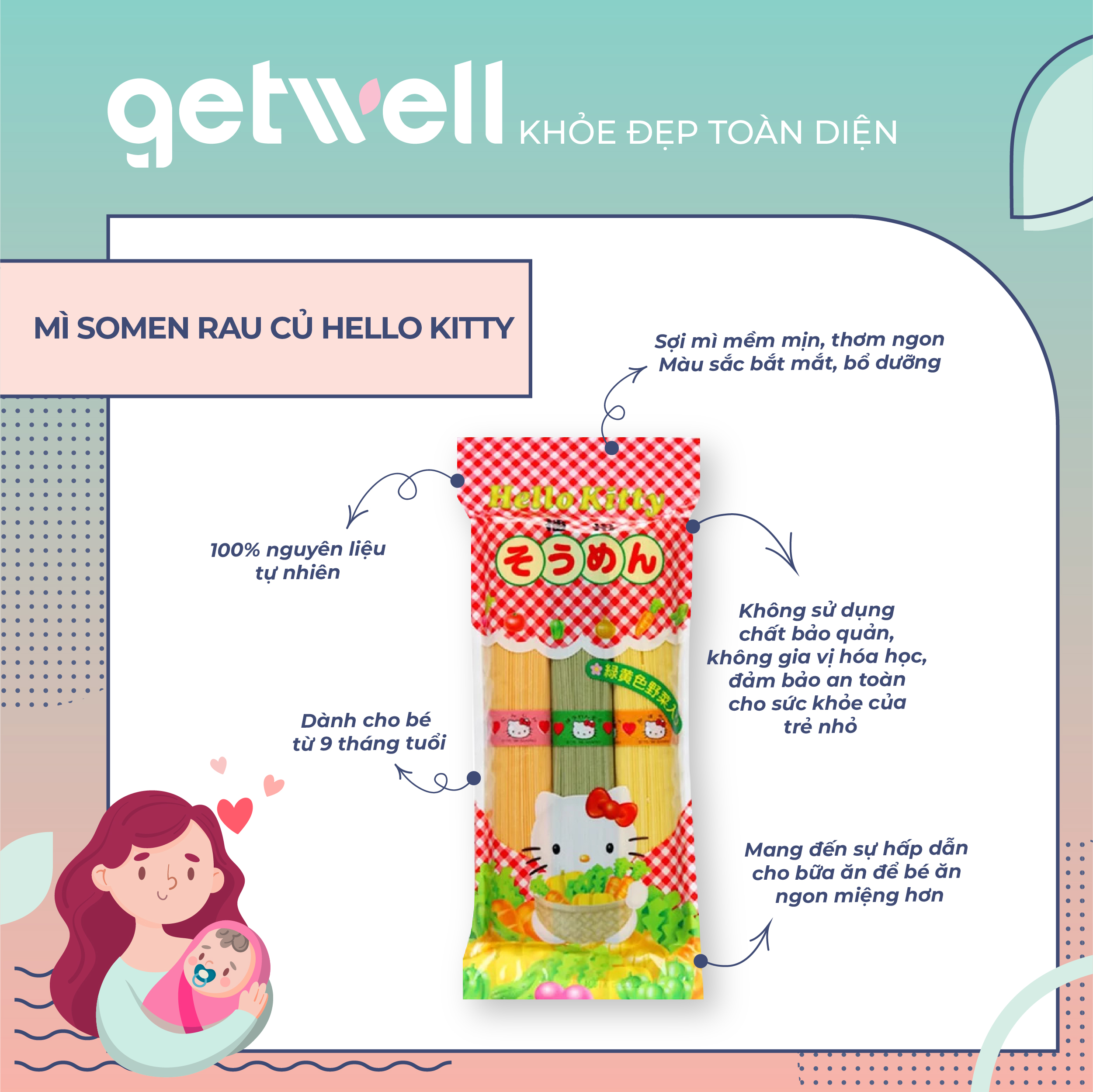 MÌ SOMEN RAU CỦ NGŨ SẮC KITTY CHO BÉ 300G