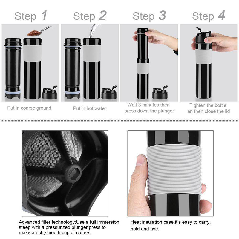 300ml Máy ép cà phê cầm tay Bình pha trà Máy pha cà phê Nước uống cho Du lịch (Đen)
