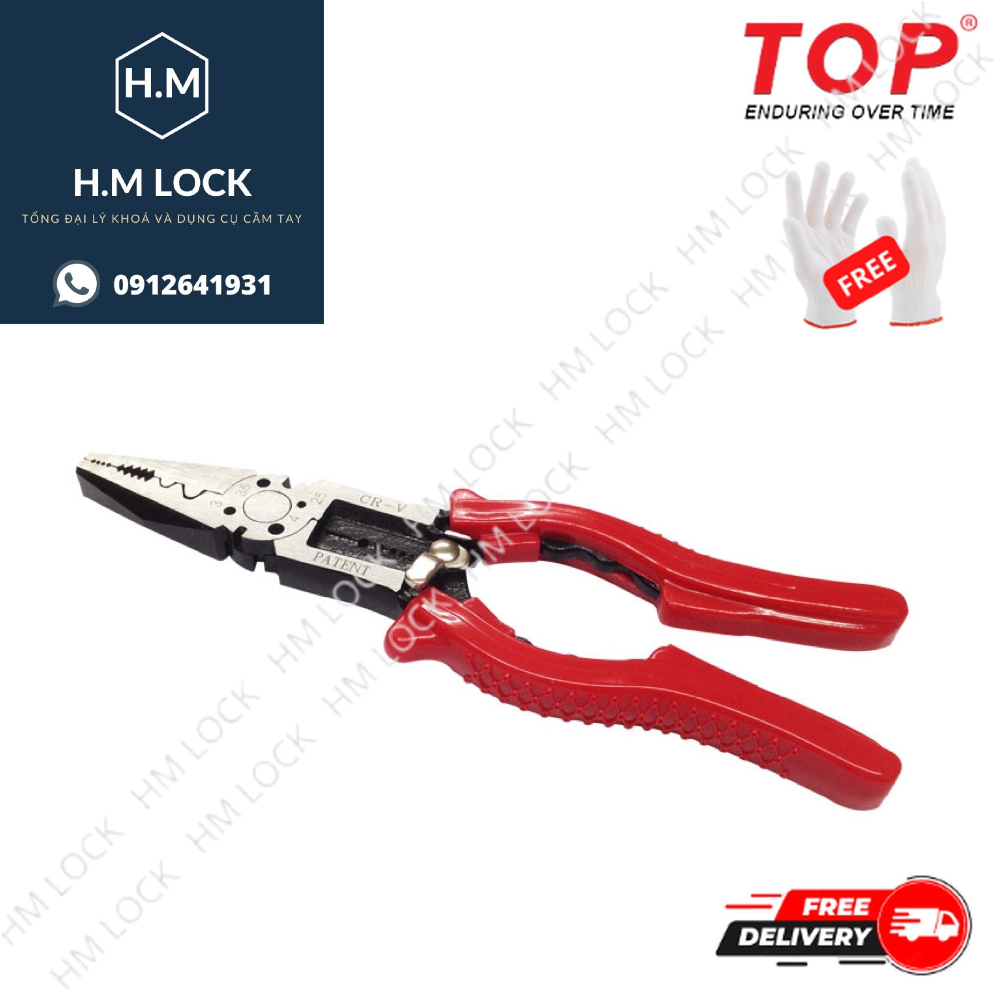 Kìm điện đa năng top 8” / 200mm - thép cr-v siêu cứng, không gỉ cao cấp - hm lock