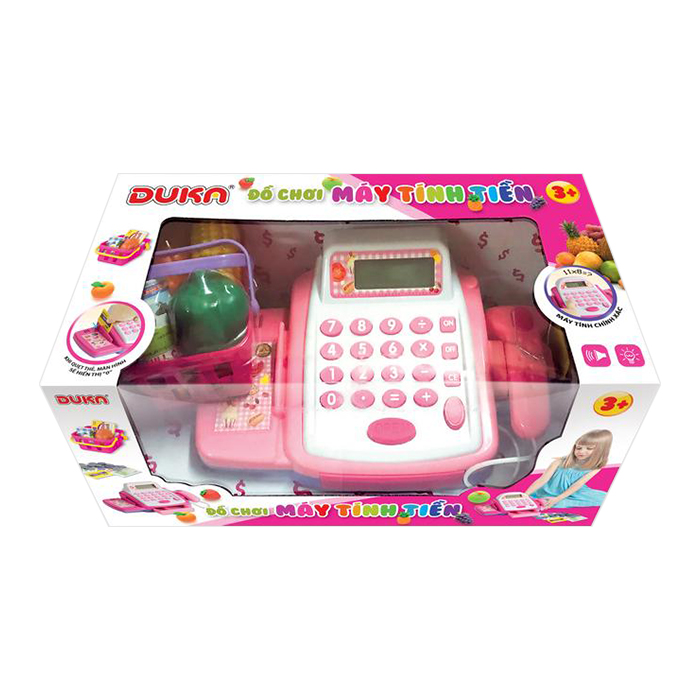 Bộ đồ chơi máy tính tiền màu hồng, hiển thị màn hình
