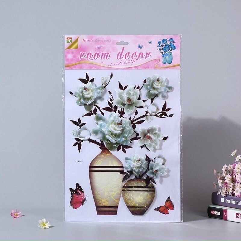 Tranh dán tường, decal dán tường bình hoa 3d