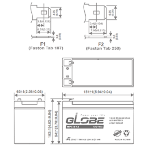 Ắc Quy Kín Khí (VRLA AGM) GLOBE 12V-7.5AH (20HR), WP7.5-12, F1 - Hàng Chính Hãng