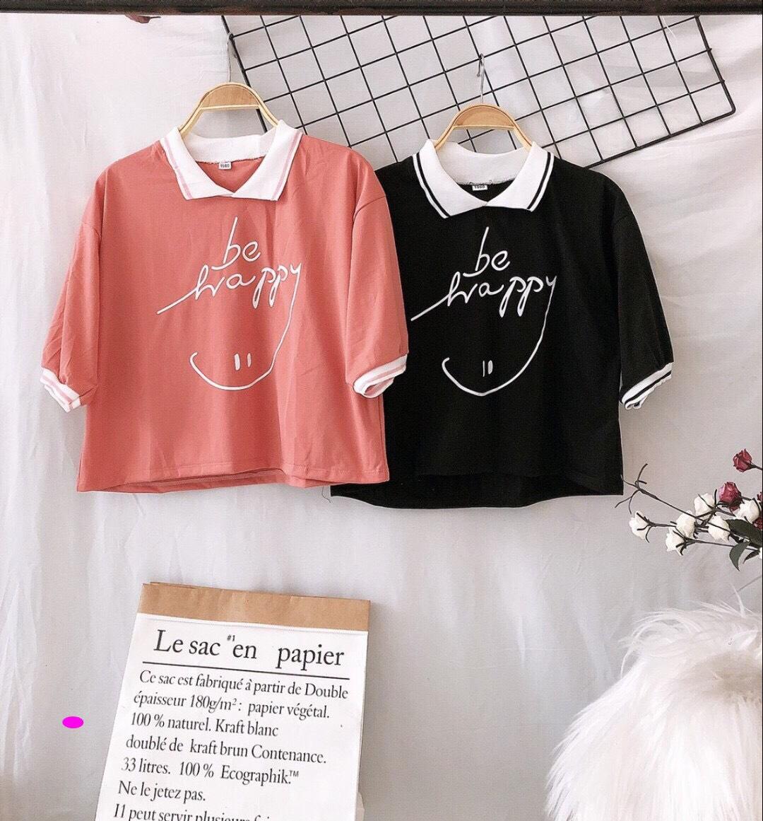 Áo Thun Tay Lỡ Phối Viền Form Croptop In Chữ BE HAPPY Siu Xinh TTS0763