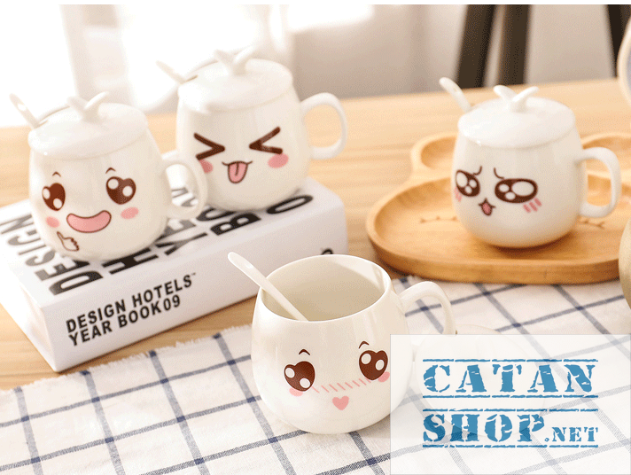 01 Cup ceramic cup with lid (attached spoon) the expressive super cute (delivery random pattern) HK062