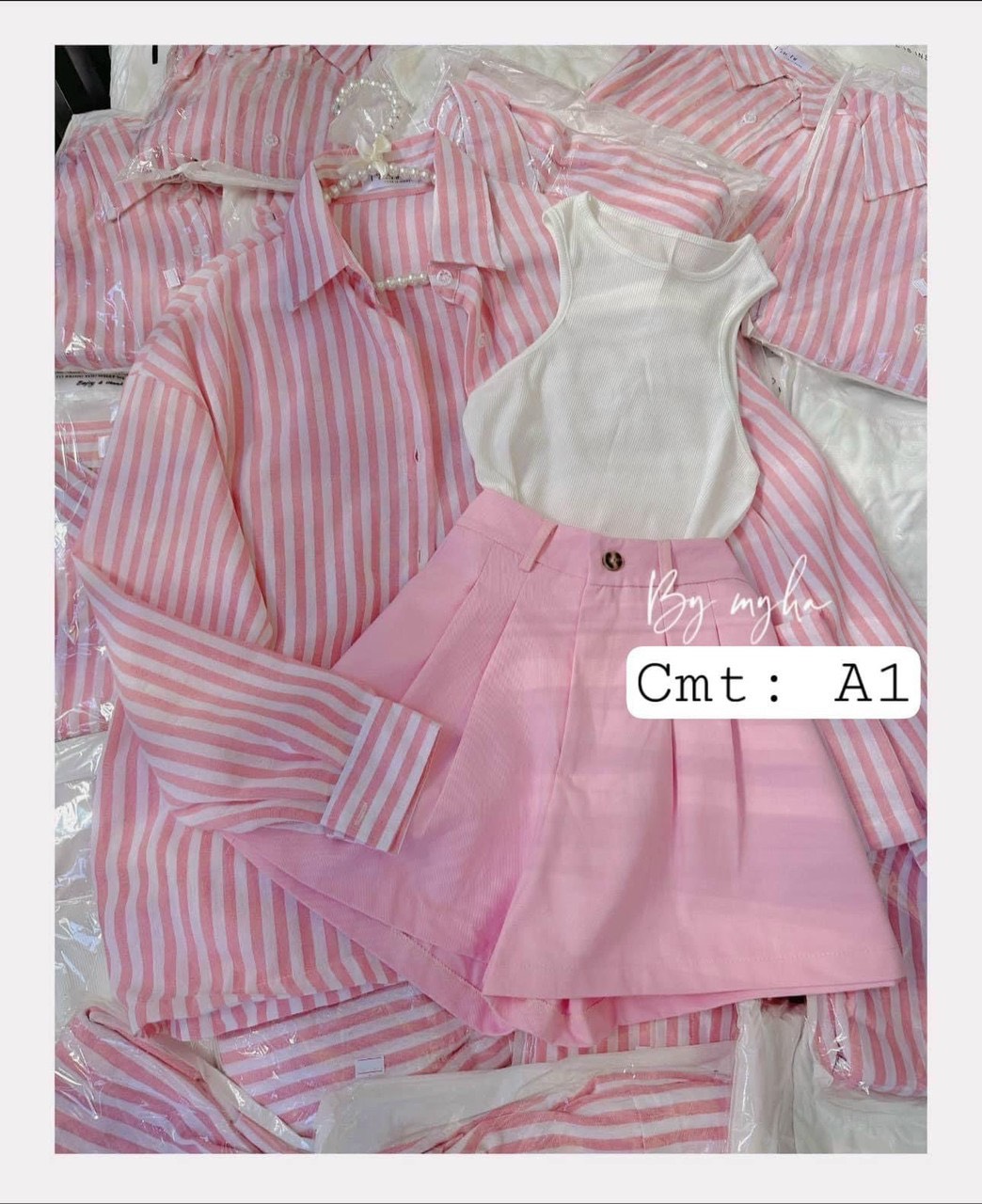 Set áo sơ mi hồng kẻ sọc ba món siêu xinh , Bộ ba món sơ mi sọc quần đùi cạp cao hồng phấn cute, Set bộ đi biển siêu xinh áo balo mix sơ mi kẻ sọc bên ngoài quần đùi cạp cạp siêu xinh