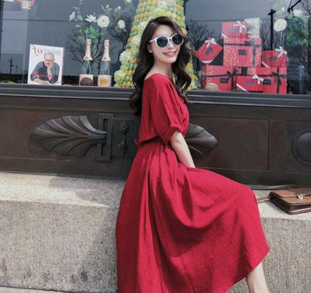 [HCM]Đầm đỏ nút sau (kèm hình thật)