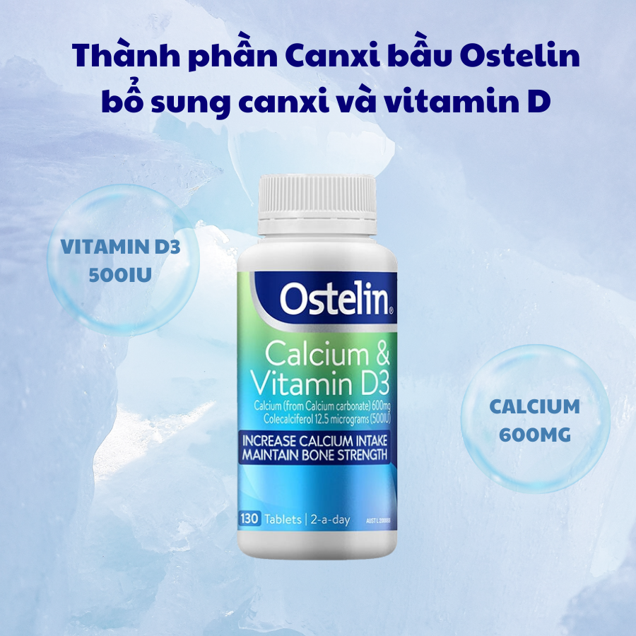 Viên uống Ostelin Calcium & Vitamin D3 cung cấp canxi và vitamin D3, hỗ trợ khả năng hấp thu canxi vào xương cho mẹ bầu