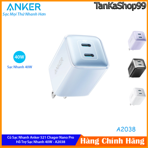 Củ Sạc Nhanh Anker 521 Nano Pro 40W A2038, 2 cổng Type C Sạc Nhanh iPhone iPad Macbook Samsung