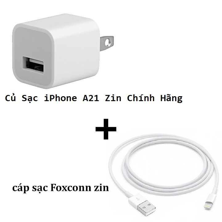 Combo sạc ip chân  vuông A21 5w kèm cáp foxconn 6ic
