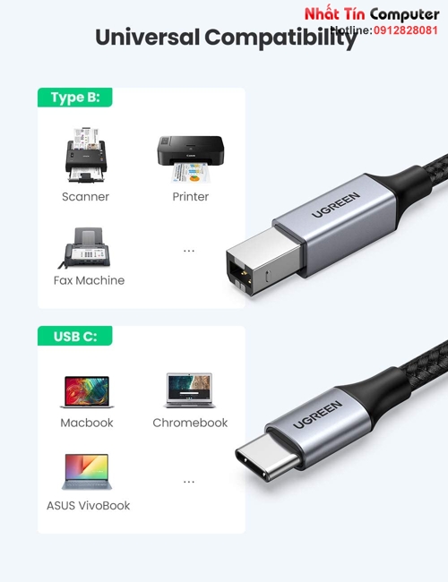Cáp máy in USB Type-C to USB Type-B dài 2M bọc dù Ugreen 80807 cao cấp