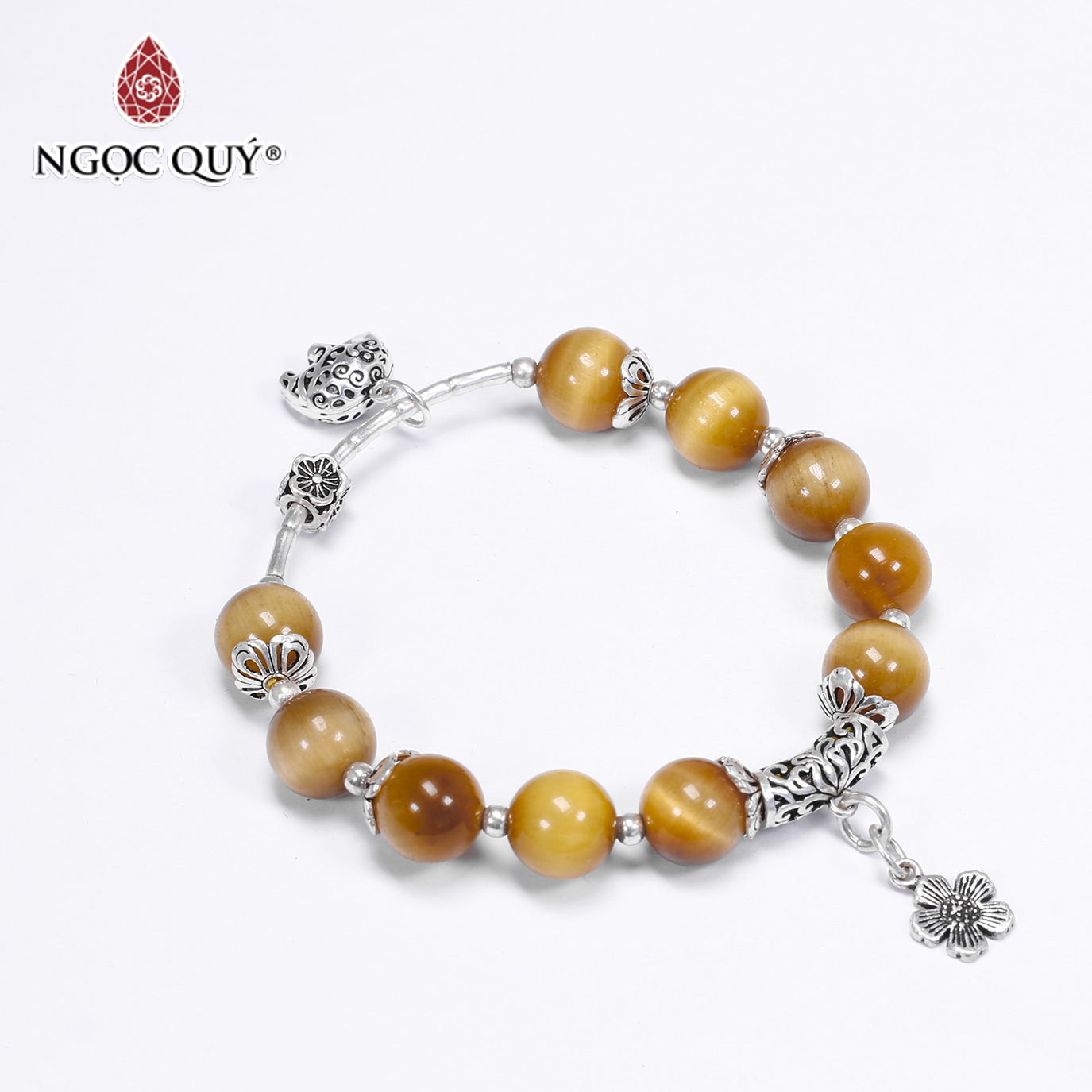 [HCM]Vòng tay đá mắt hổ vàng tâm phối charm hoa bạc 10mm mệnh thổkim - Ngọc Quý Gemstones