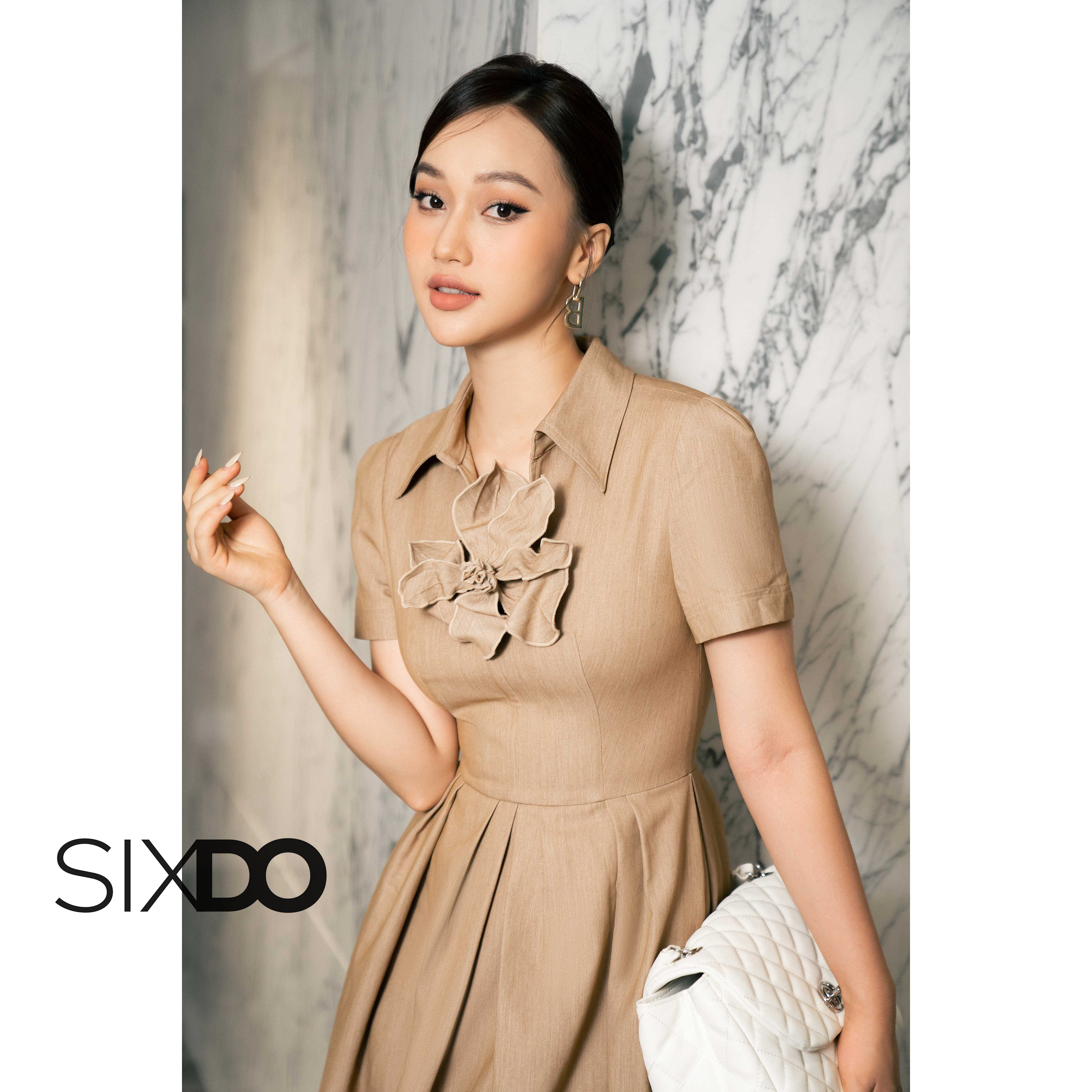Đầm nâu denim cổ sơ mi SIXDO (Brown Johnny Collar Mini Denim Dress)