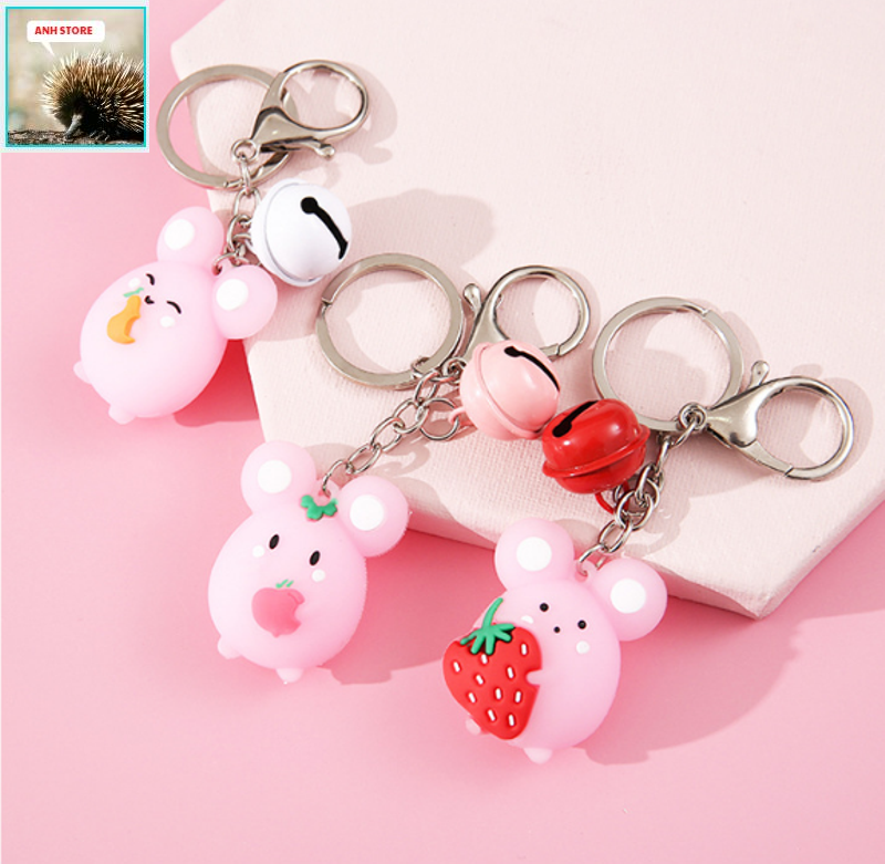 [HCM]Móc khóa silicon chuột hồng trắng cầm trái cây chuông mini móc khóa minimóc khóa hình con chuôtmóc khóa balo.móc khóa xe máyMOC KHOA MINI