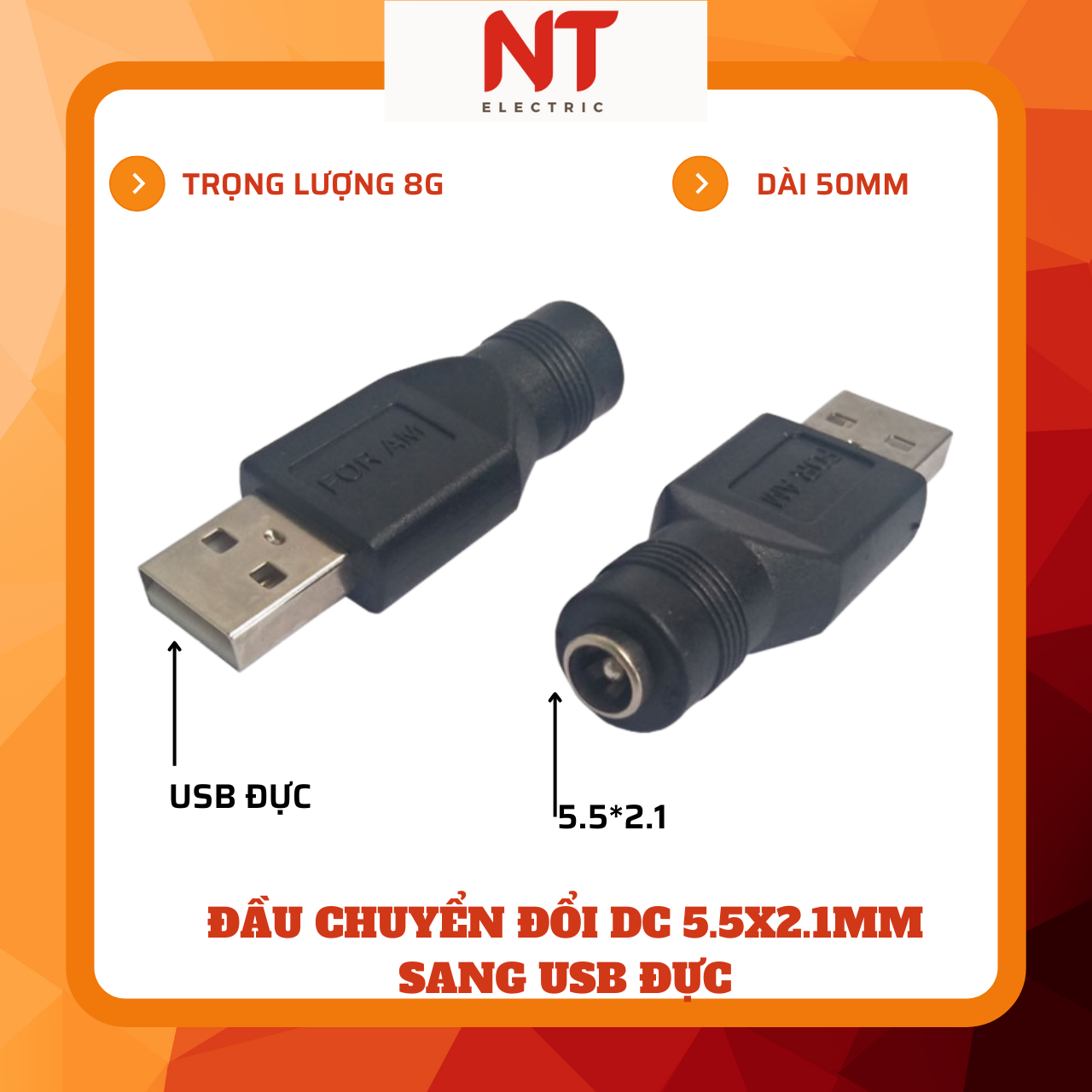 Đầu chuyển đổi DC 5.5x2.1mm sang USB đực