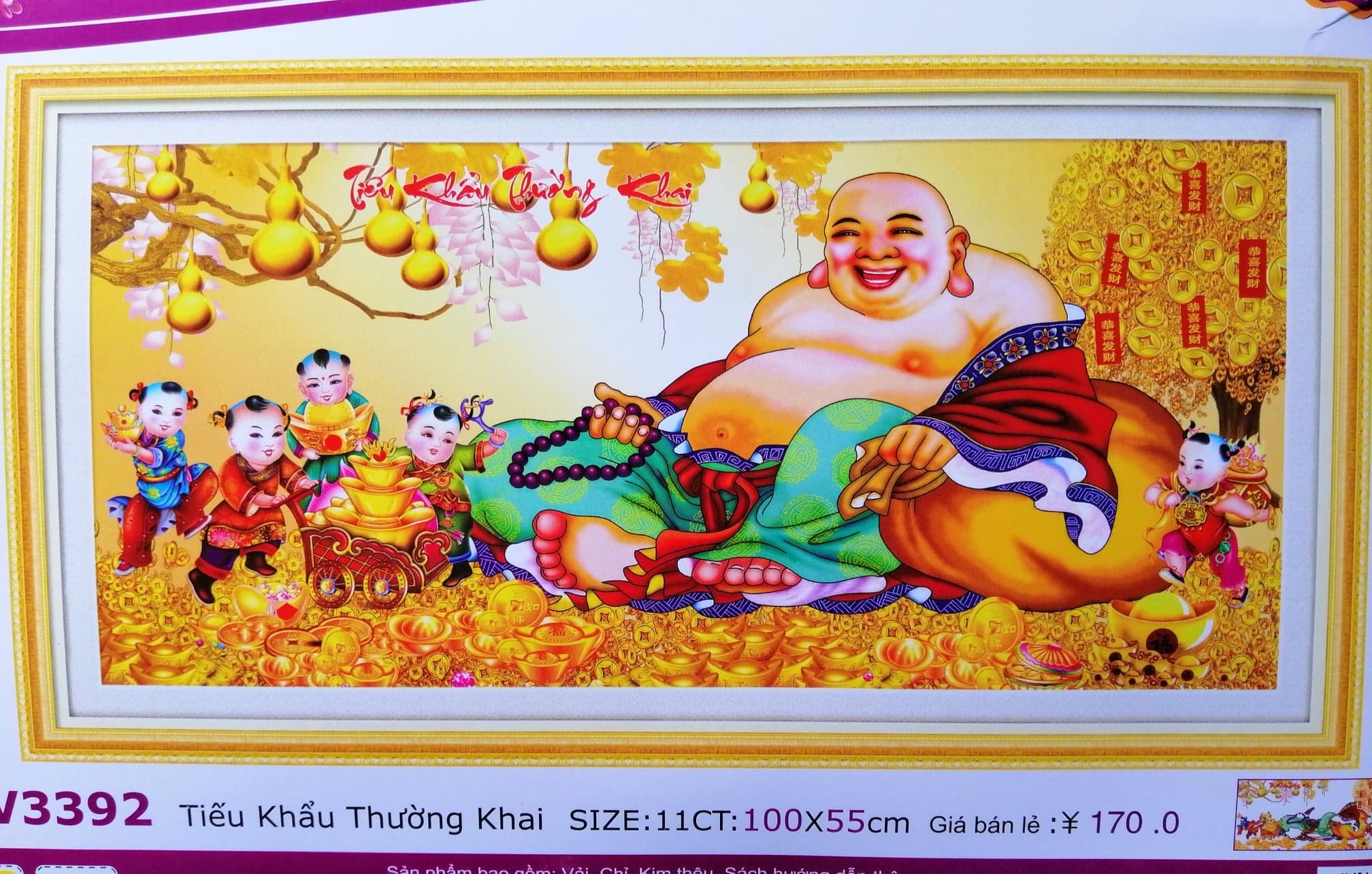 Tranh thêu chữ thập Phật di lặc Tiếu khẩu thường khai LV3392