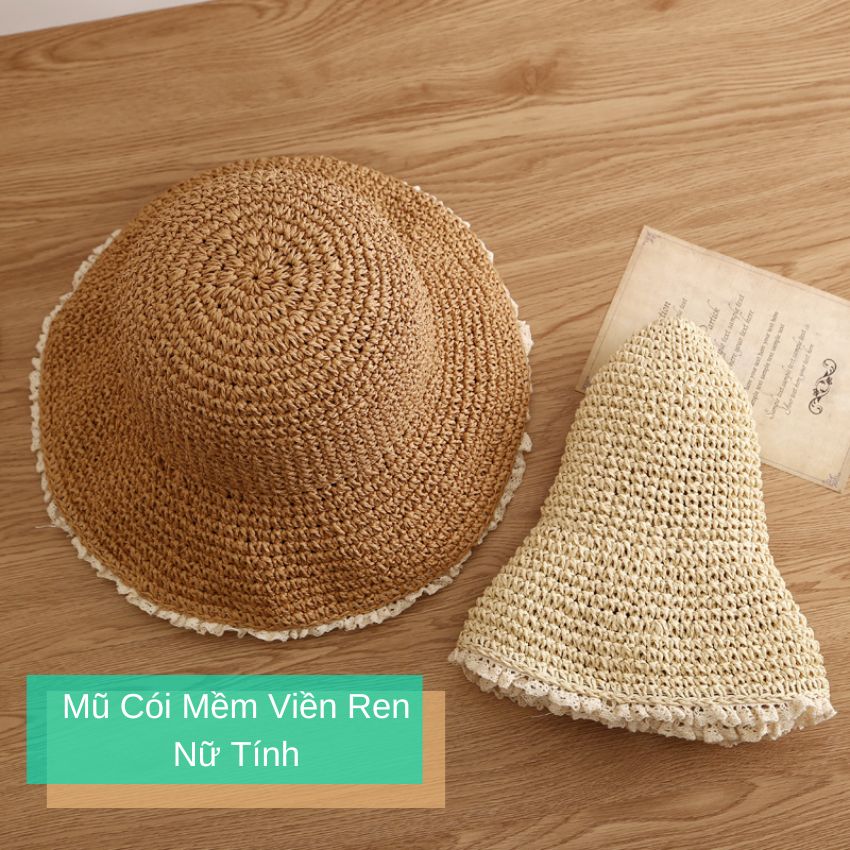 Mũ Bucket cói mềm viền ren nữ tính