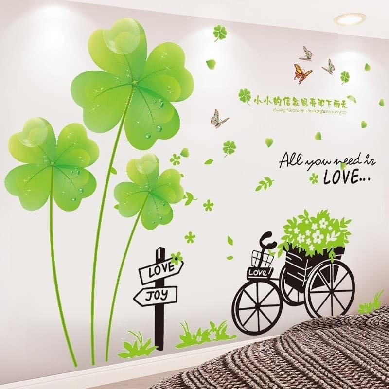 Decal dán tường Combo 2 tranh hoa cỏ 4 lá + xe đạp chở hoa
