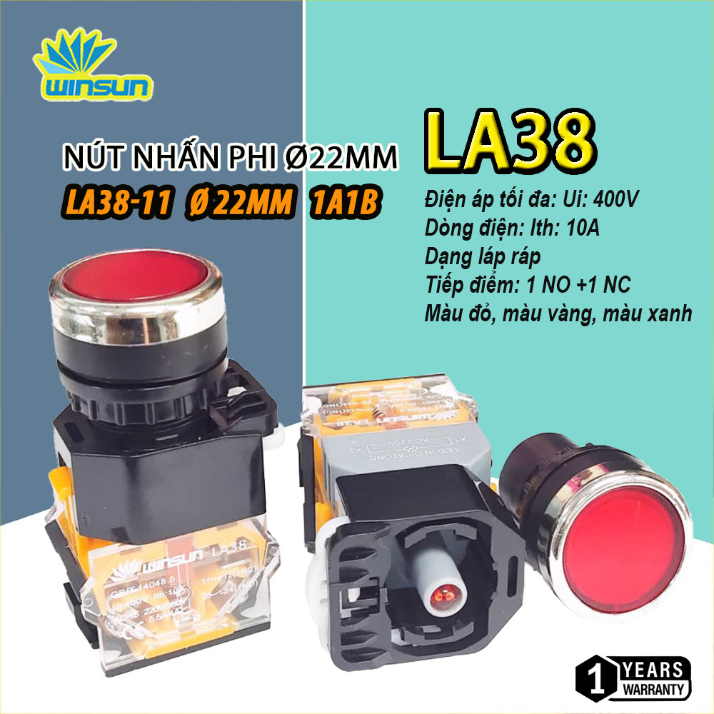 Nút nhấn nhả, nhấn giữ có đèn, không đèn phi 22 mm LA38