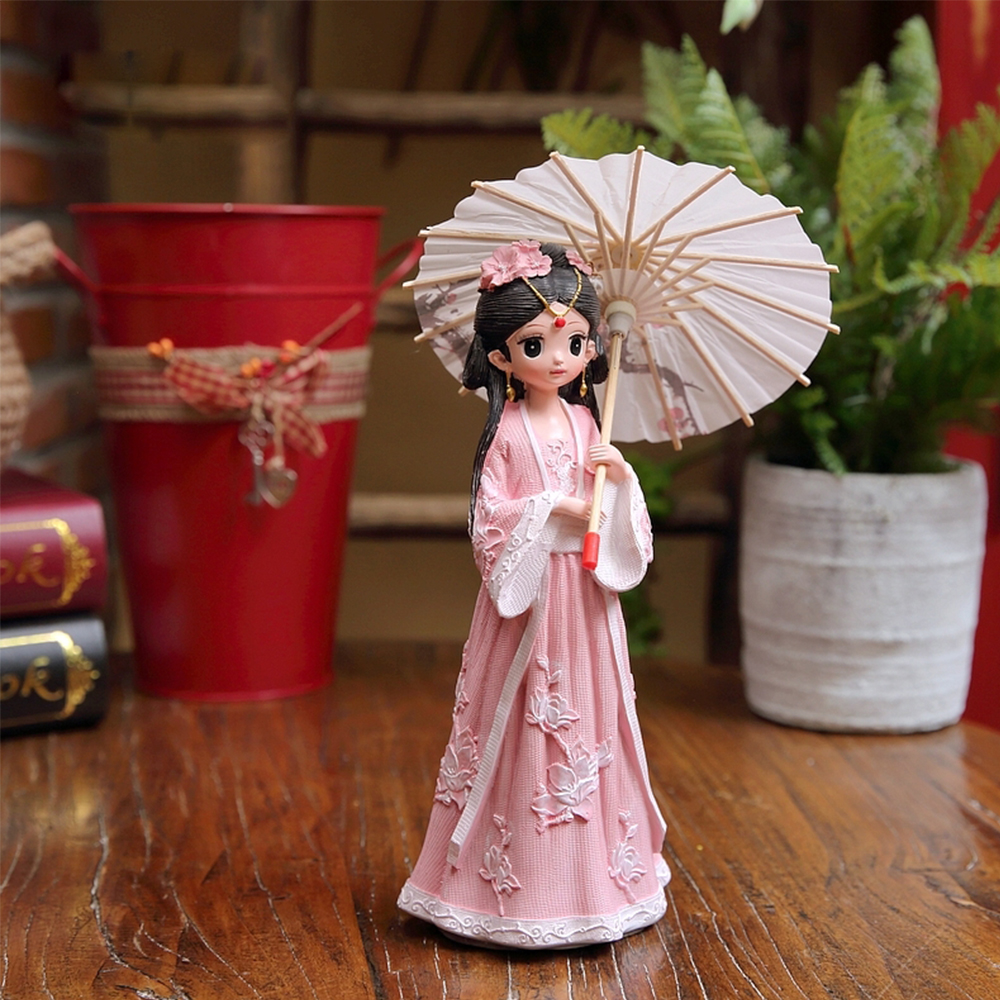 Tượng chibi thiếu nữ cổ trang che ô 3D sinh động 25cm
