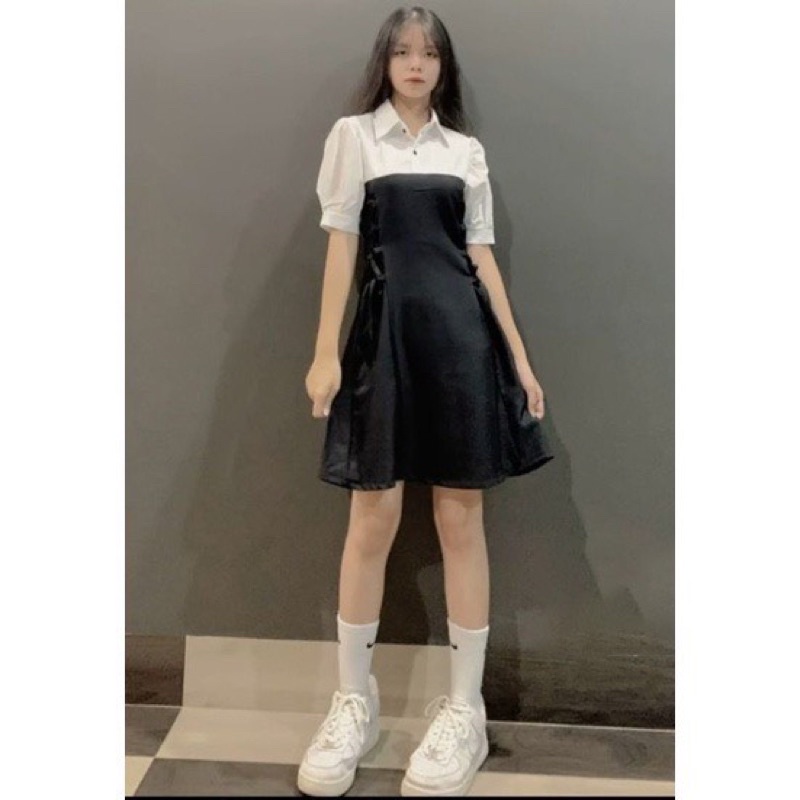 Váy Cổ Sơ Mi Đan Eo Mặc Xinh Xắn, Đầm Nữ Xinh