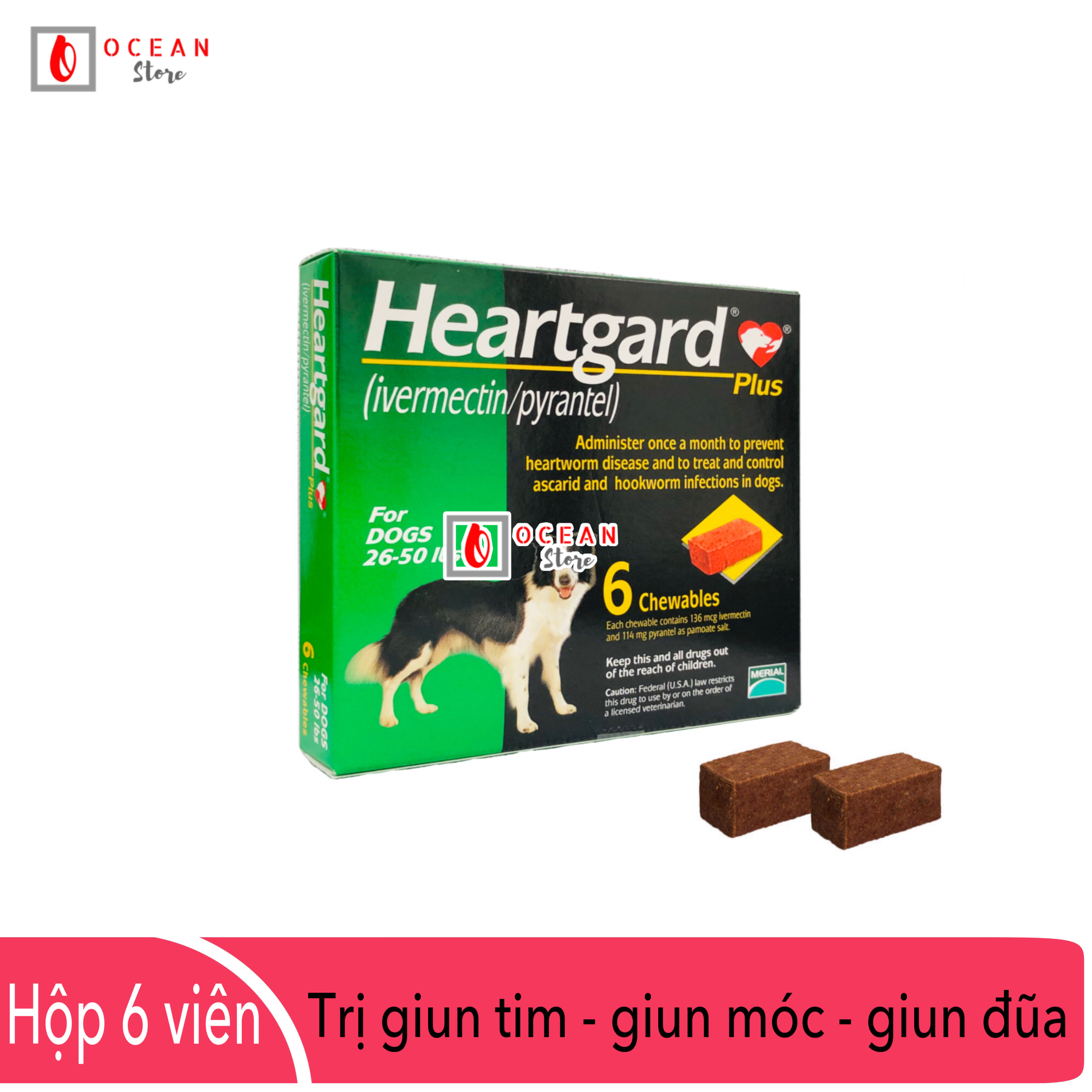 Thuốc tẩy giun tim, giun đũa, giun móc trên chó - Hộp 6 viên Heartgard chó 11,5 - 22,5kg