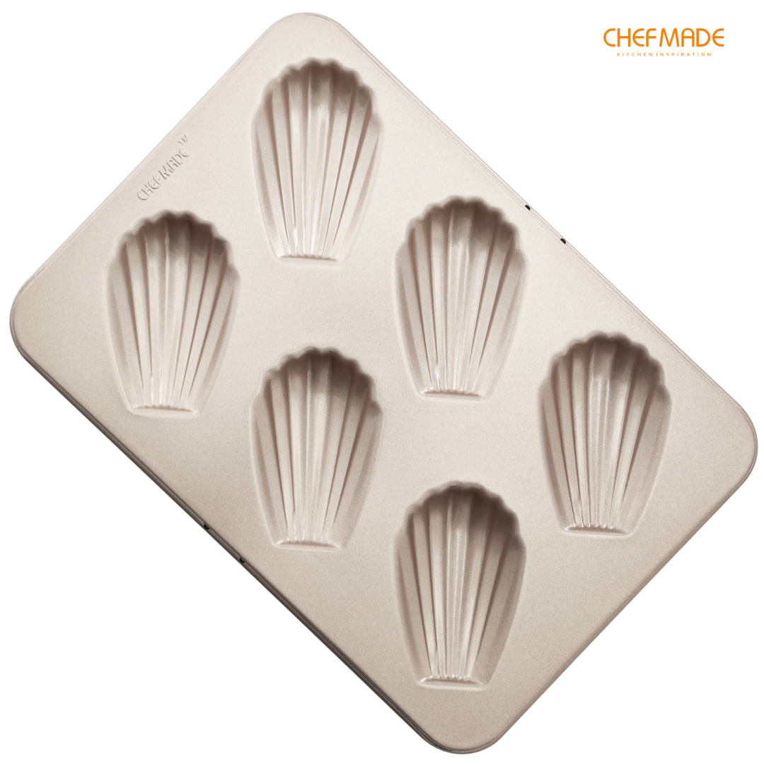 CHEFMADE 6 Cup Madeleine Pan Shell Mold Madeleine Baking Tray Non-stick Cup Cake Mold Bakeware Champagne Gold Professional Series WK9029