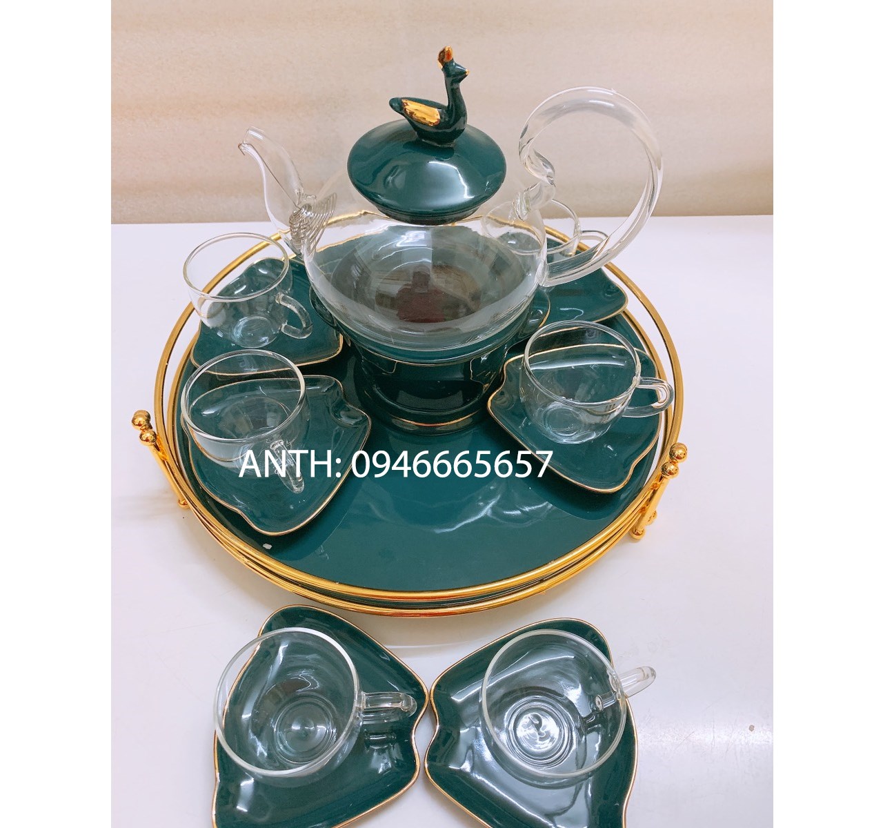 Bộ ấm chén thủy tinh xanh pha trà có đế châm nến