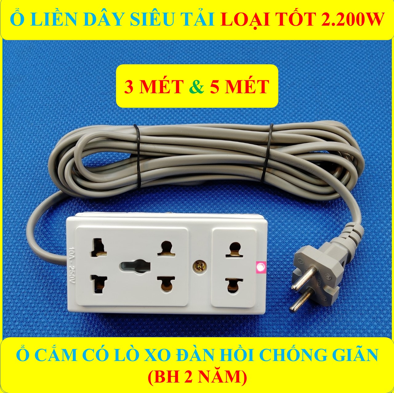 Ổ cắm điện liền dây đa năng CHỊU TẢI CAO 2200W có màng che an toàn + Dây dài 3/5 Mét + Ổ cắm đa năng có lò xo chống giãn đàn hồi HÀNG LOẠI 1 cao cấp