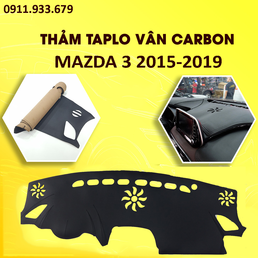 HCM-Thảm taplo da carbon xe Mazda 3 2015-2023 chống nóng cho xe ô tô,có đế chống trượt, giúp hấp thụ nhiệt đáng kể, giảm chói ánh sáng kính lái giúp lái xe an toàn