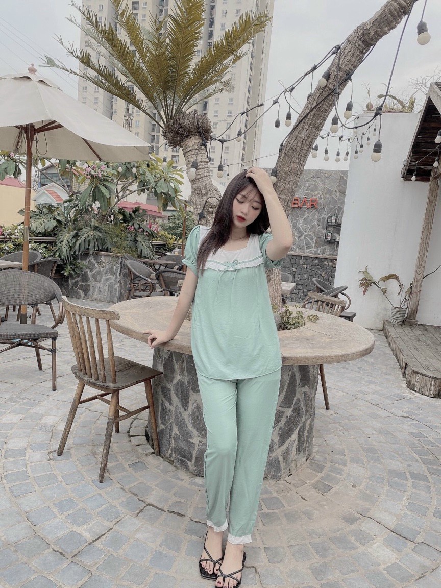 Bộ đồ bầu cộc tay mặc nhà và sau sinh chất đũi cổ vuông tiểu thu xinh xắn
