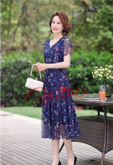Váy đầm trung niên nữ cho mẹ Voan 2 lớp V74, Đầm cho người lớn tuổi mùa hè đẹp cao cấp sang trọng dự tiệc dạ hội Bigsize
