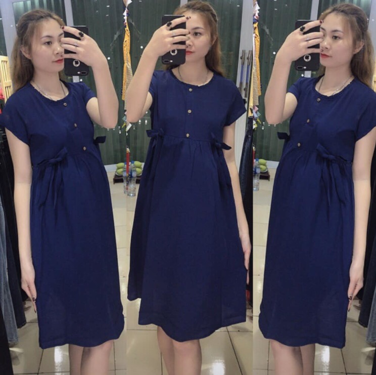 [A]Váy bầu giá rẻ-đầm bầu nơ eo xinh xắn trẻ trung -free size 42-70kg