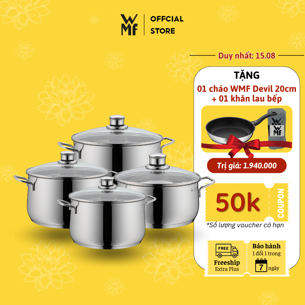 Bộ nồi wmf diadem plus 4 món chất liệu thép không gỉ cromargan cao cấp - 0730046040