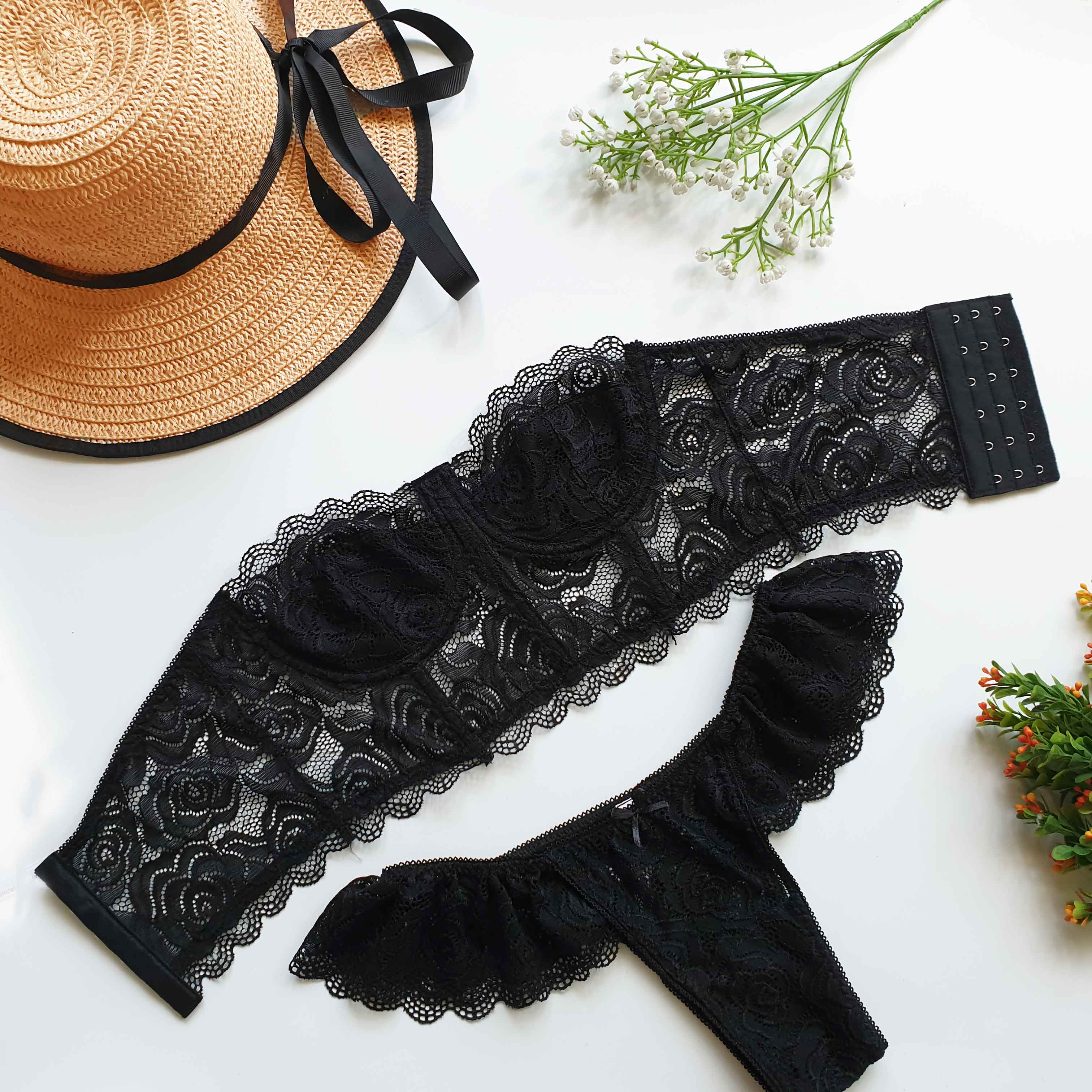 Set Bra croptop corset ren đen sexy siêu mềm mịn thoải mái, kết hợp quần lọt khe ( hàng thiết kế ) N01