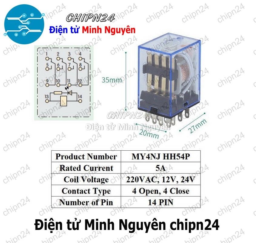 [1 con] (F201) Relay kiếng MY4NJ 14 chân 5A (HH54P AC220V/DC24V/DC12V) - [Chọn Loại] - HHH.00122