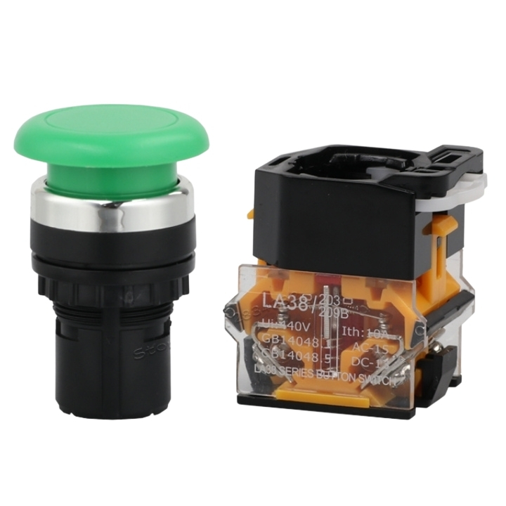 Công tắc nhấn đề LA38-11M phi 22mm đầu nấm dù màu xanh, màu đỏ