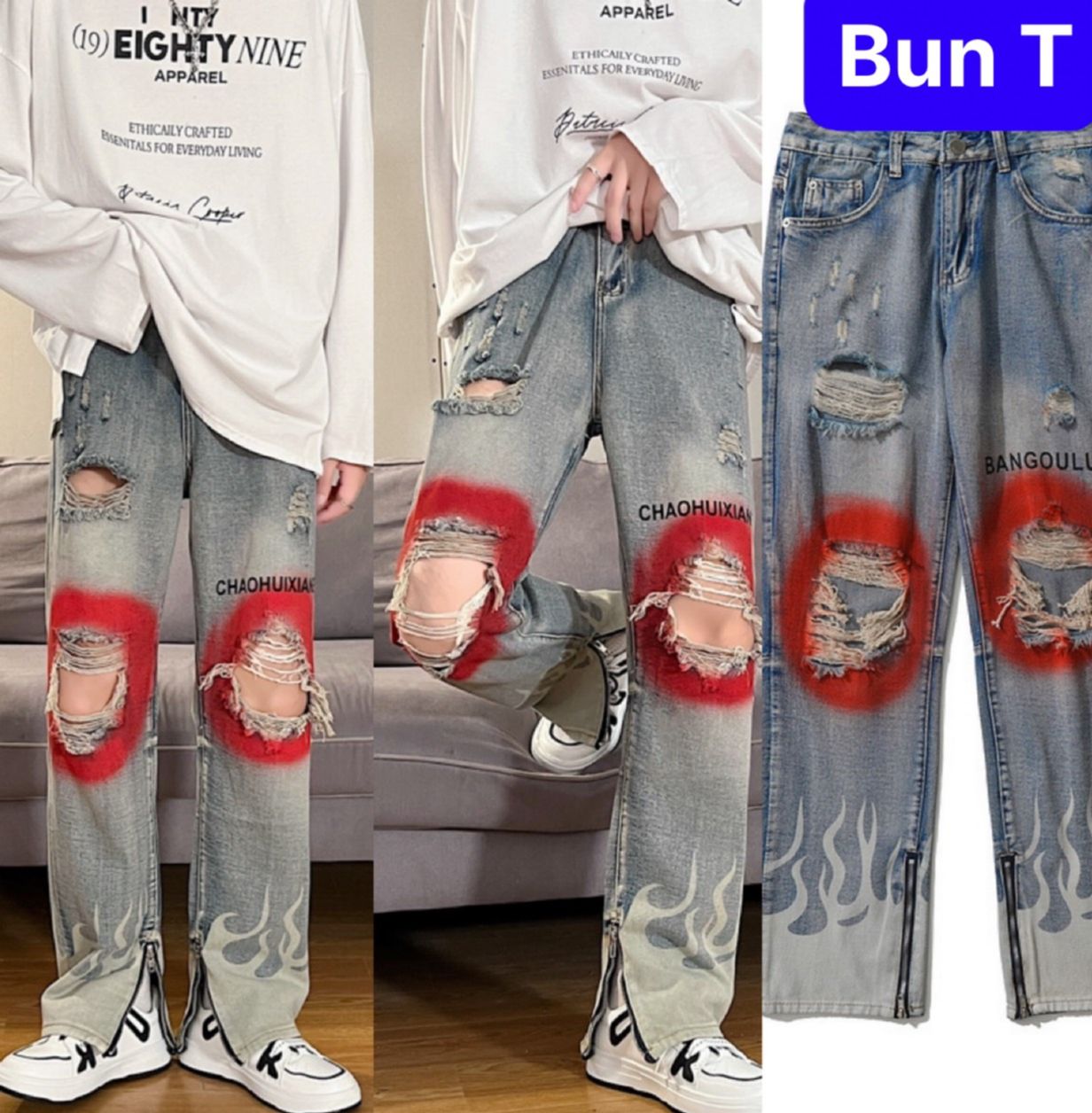 Quần baggy jean nam chất bò xanh ống rộng rách sơn đỏ mùa thu hè đông nhật bản sanh dieu tt-0666 - trang bun fashion