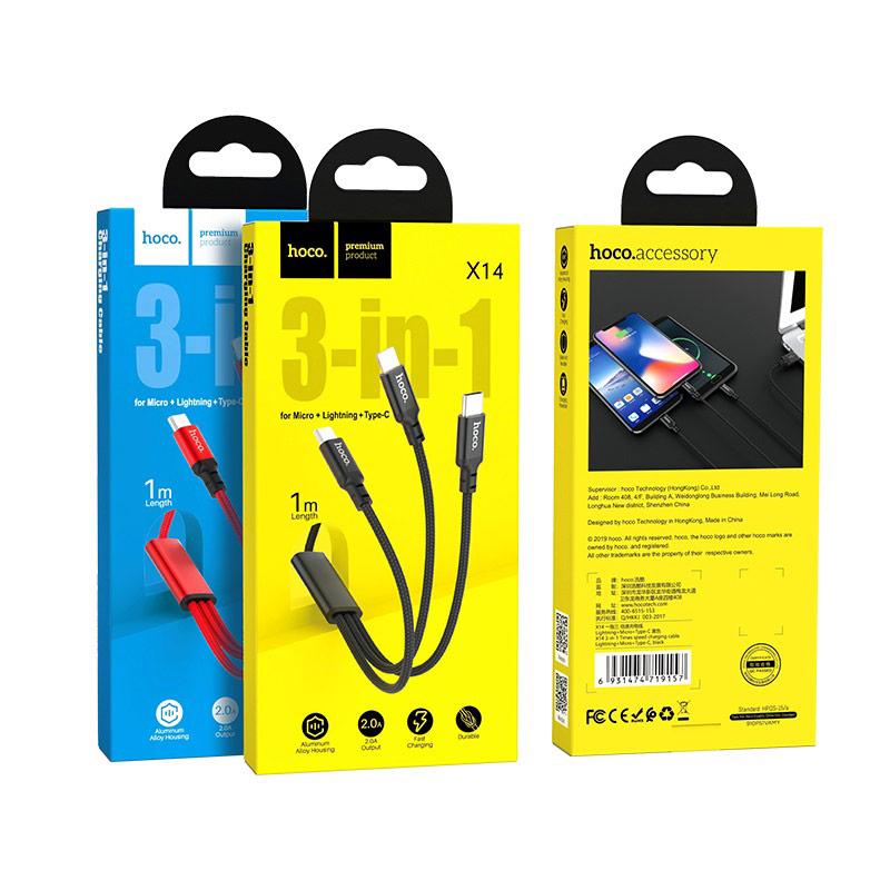 [HCM]⚡ Cáp sạc Hoco X14 - 3 đầu Lightning - Micro USB - Type-C Dài 1m - Cáp sạc C.hính Hãng ⚡