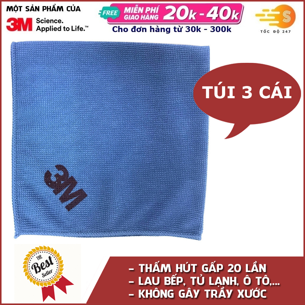 Bộ 3 Khăn lau ô tô chuyên dụng chống trầy xước Microfiber 3M 36x36cm SQ21 - Tốc độ 247 sợi microfiber thấm hút 20 lần không gây trầy xước