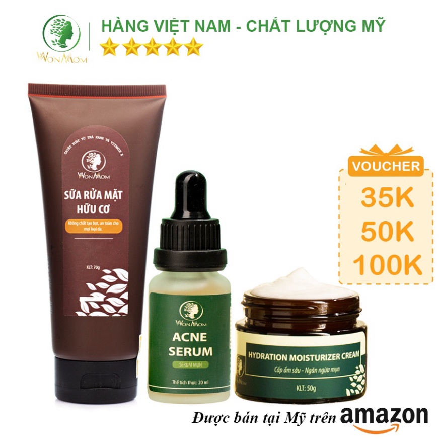 Combo hết mụn cứng đầu với bộ sản phẩm Wonmom ( 1 sữa rửa mặt + 1 serum mụn + 1 kem cấp ẩm )