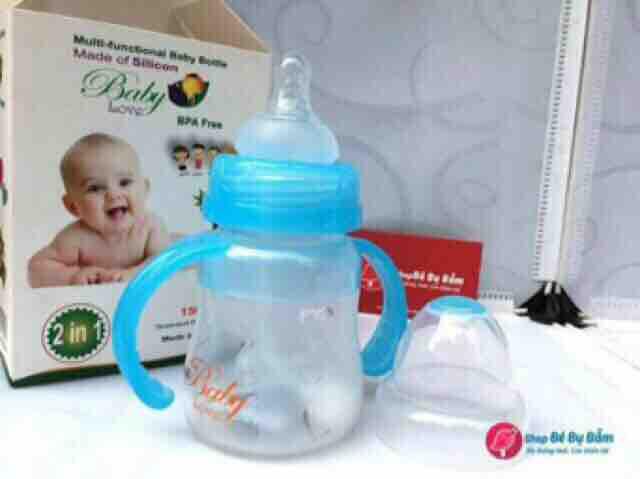 Bình sữa silicon 2 chức năng baby love có quai 150ml tặng kèm 1 núm ty