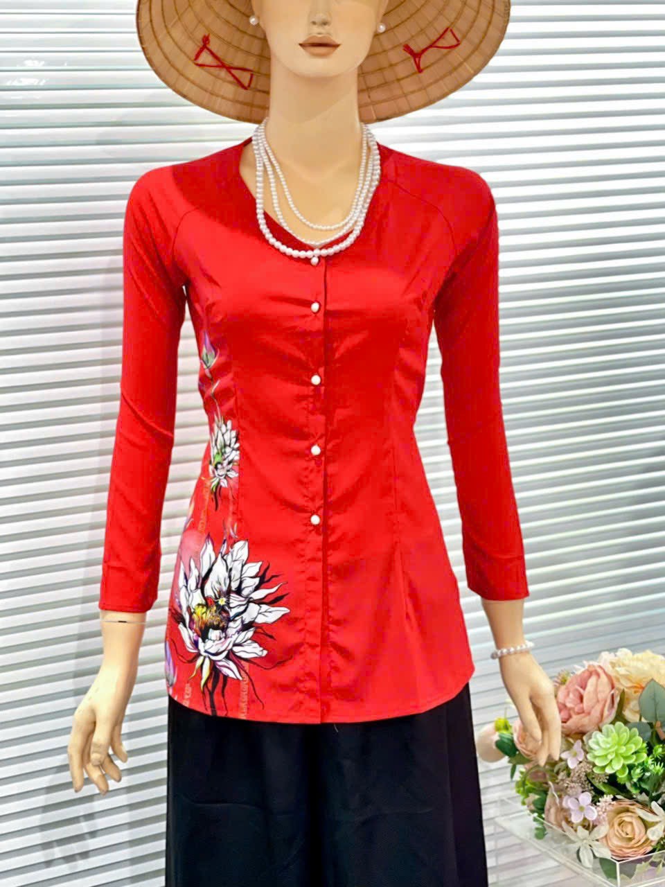 Áo bà ba lụa in hoa đào xinh